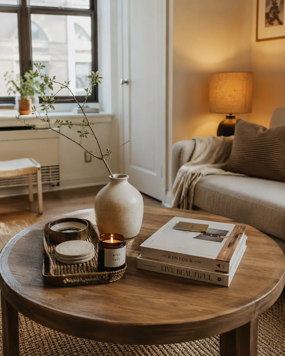 Round oak coffee table styled with a wooden tray, ceramic match striker, small stone vase with dried florals, and art books leaving open space