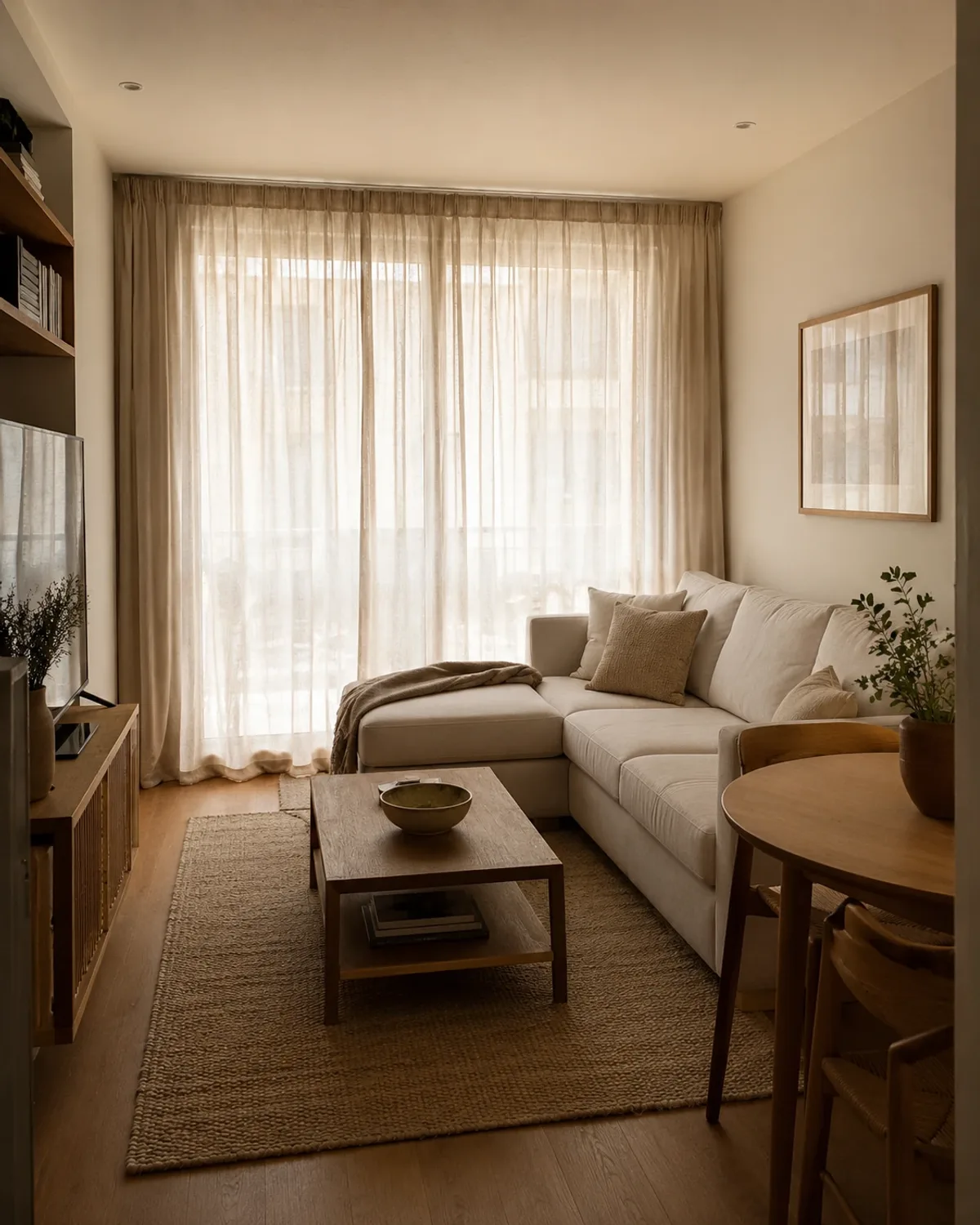 Apartment living room window framed with ceiling-height oatmeal washed linen curtains gently pooling on the floor