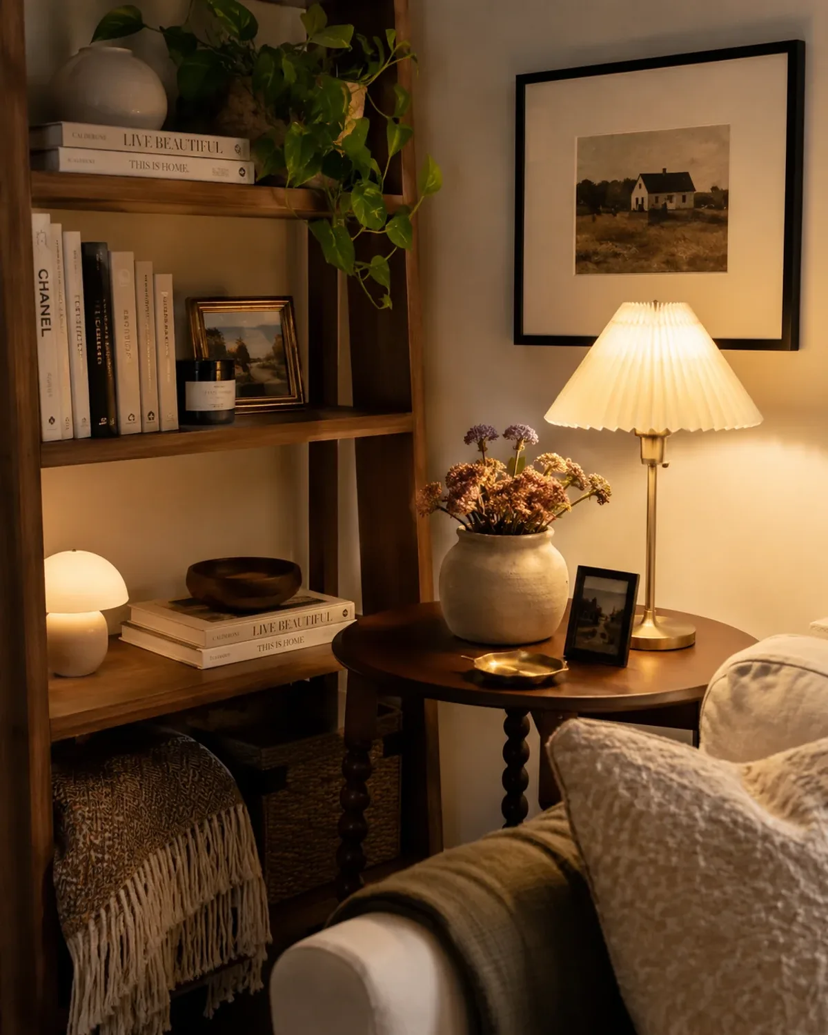 Low living room wooden console styled with stacked hardcover books, handmade stoneware mug, and a travel souvenir
