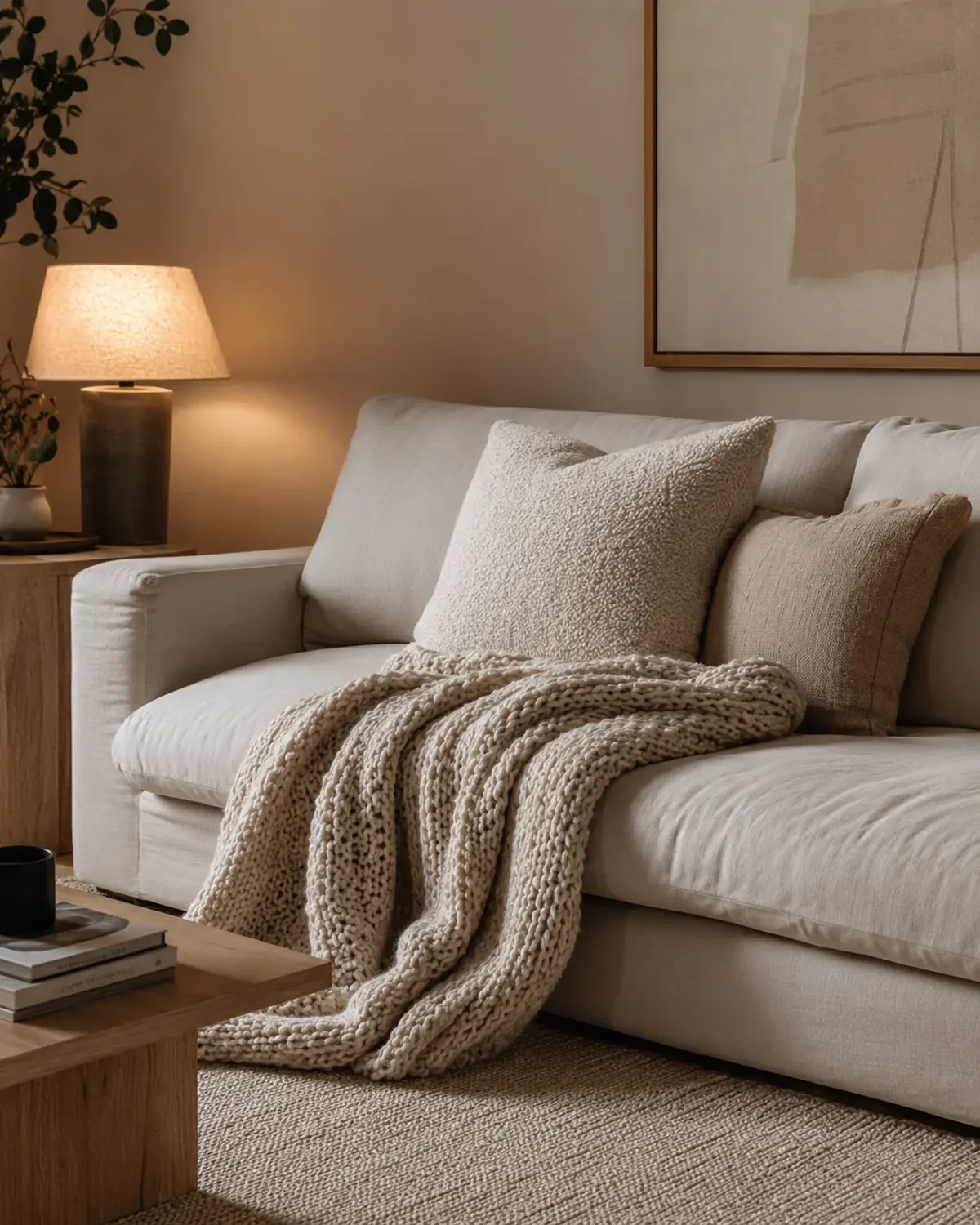 Arrangement of mixed texture throw pillows in bouclé, washed linen, and ribbed velvet paired with a chunky cable-knit throw on a neutral couch