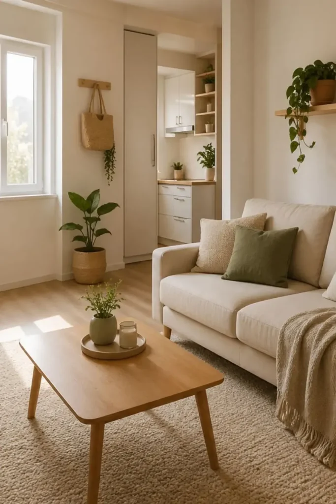 Cozy Small Living Room Ideas: 21 Warm, Inviting Design Tricks 6 Cozy small apartment living room with warm alabaster walls, a low-profile oatmeal sofa, a large textured wool rug, warm wood coffee table, and glowing 2700K floor and table lamps
