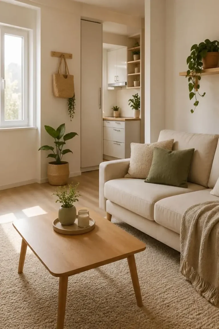 Cozy Small Living Room Ideas: 21 Warm, Inviting Design Tricks 3 Cozy small apartment living room with warm alabaster walls, a low-profile oatmeal sofa, a large textured wool rug, warm wood coffee table, and glowing 2700K floor and table lamps