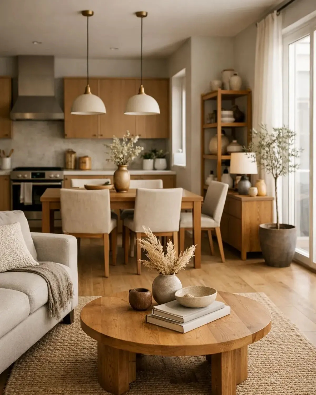 Compact 80-inch light-upholstered reversible chaise sectional with visible wooden legs paired with a round coffee table in a small apartment