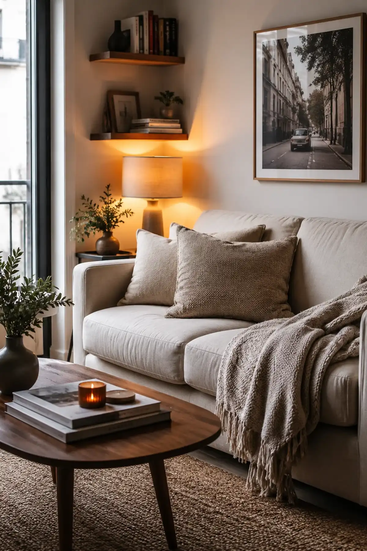 Compact low-profile sofa with slim track arms, rounded cushions, and a waffle-weave throw blanket in a small apartment living room