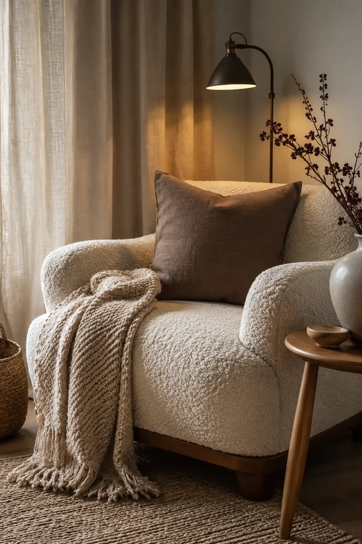 Small living room with warm greige walls, oat-toned sofa, beige textured rug, and layered neutral pillows in soft afternoon daylight