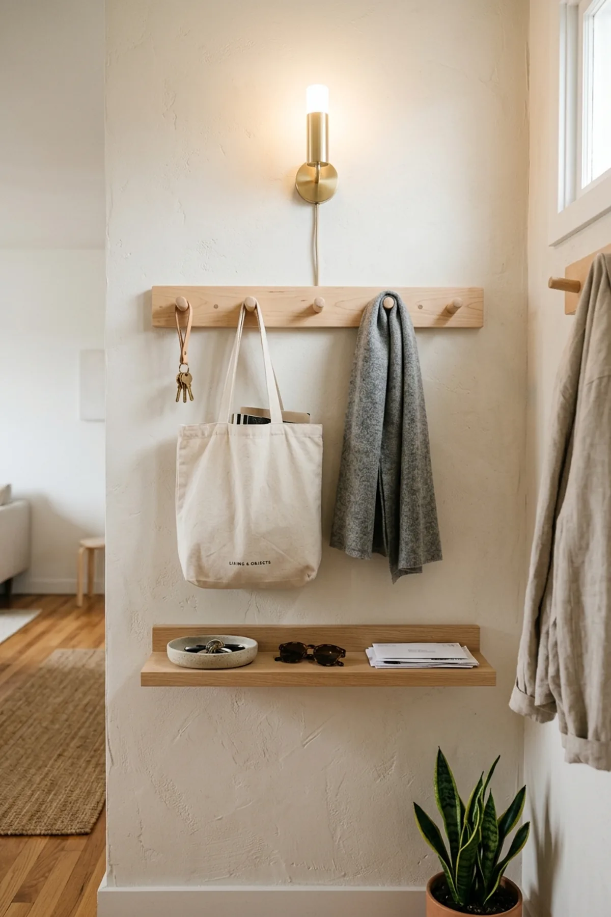 Natural birch peg rail with shallow floating key ledge and ceramic catchall for small space entryway organization