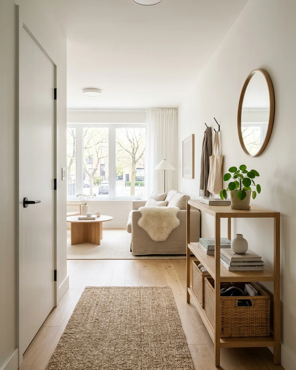 Open-concept studio apartment featuring a faux foyer room divider with open bookcase for small space entryway organization