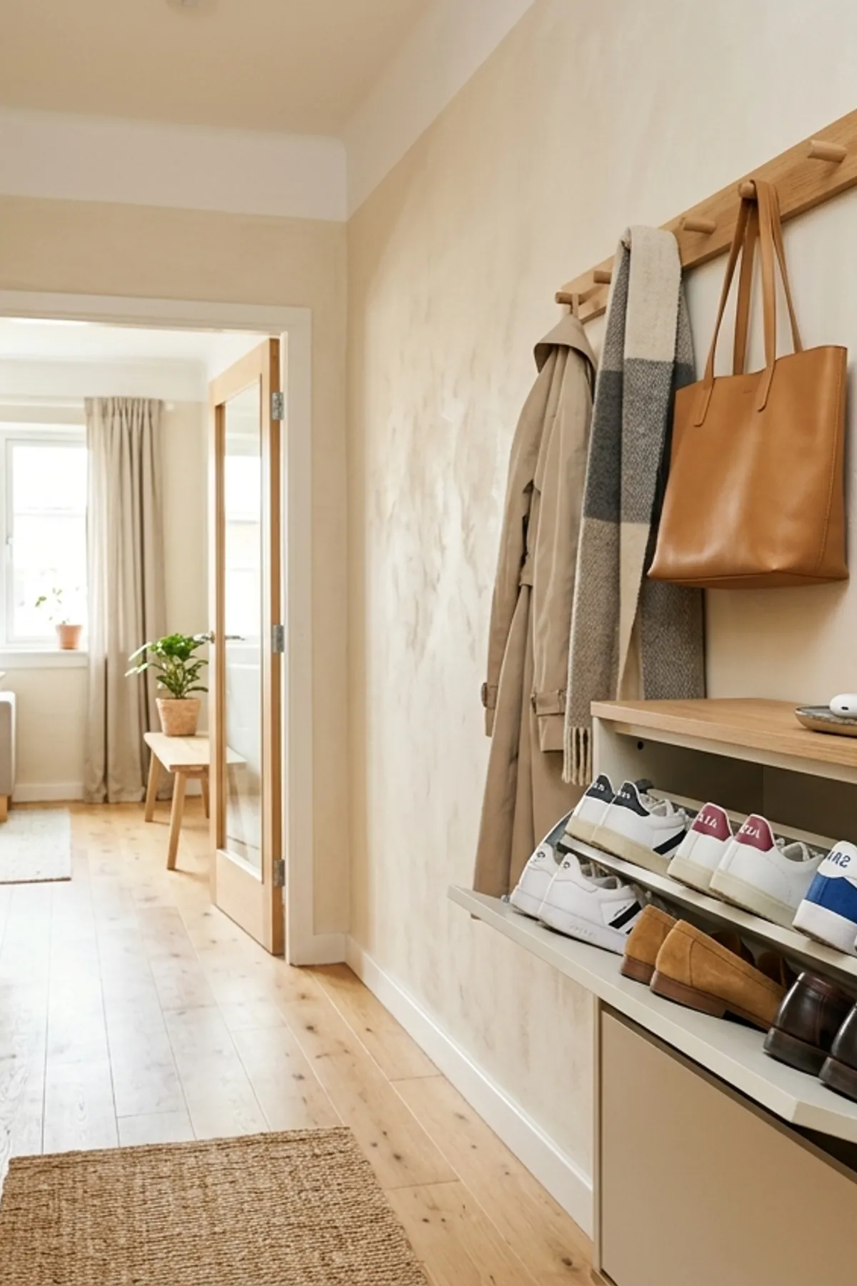 Modern matte white and oak flip-down shoe cabinet bench concealing footwear in an open-plan studio apartment entryway