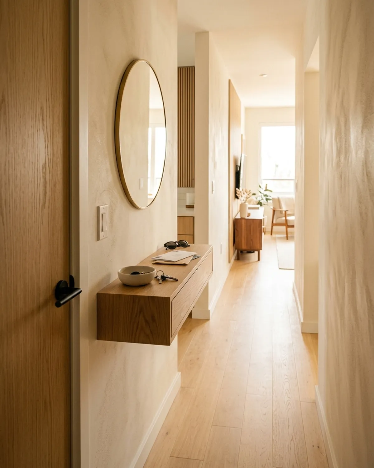Floating oak wall shelf used as a zero-footprint drop zone for keys and sunglasses in a very narrow entryway