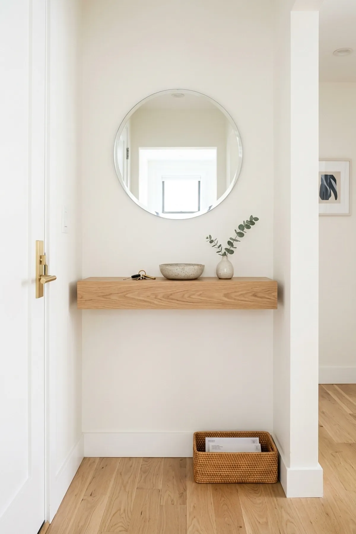Floating white oak shelf mounted in a compact entrance hall with 100 percent of the floor visible below
