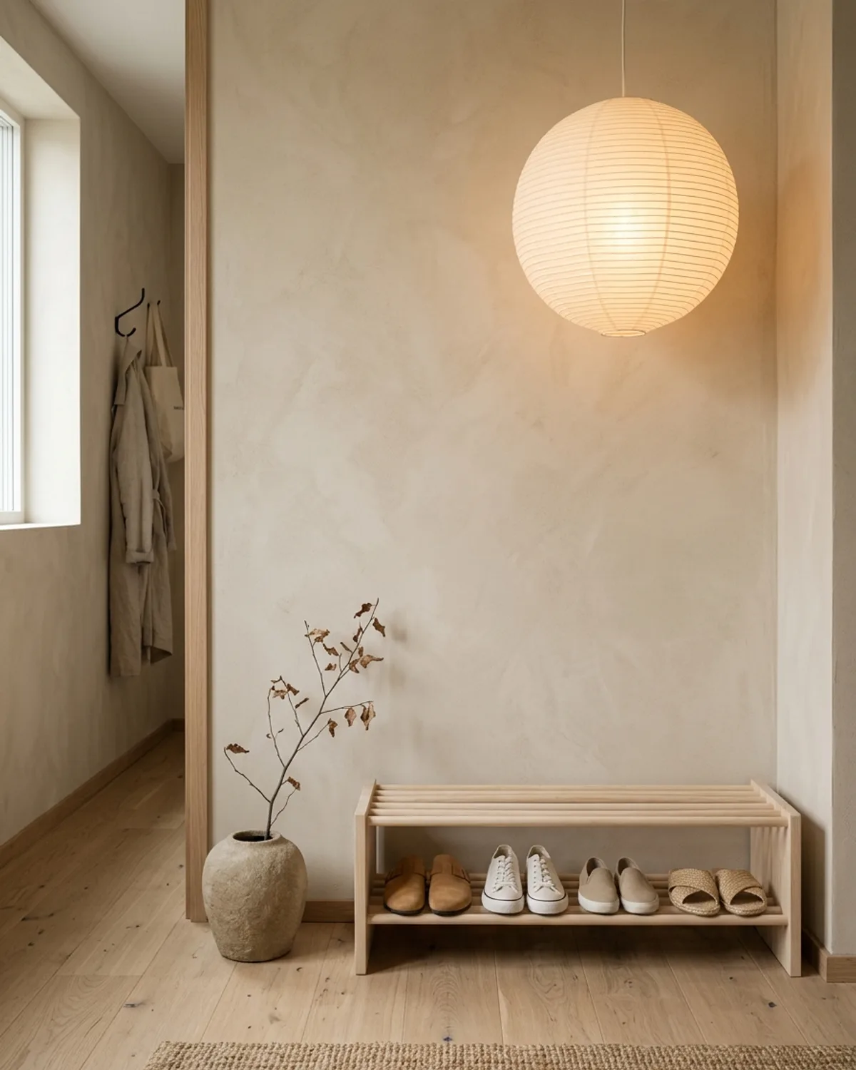 Low pale ash dowel shoe rack in a serene Japandi-style apartment entryway
