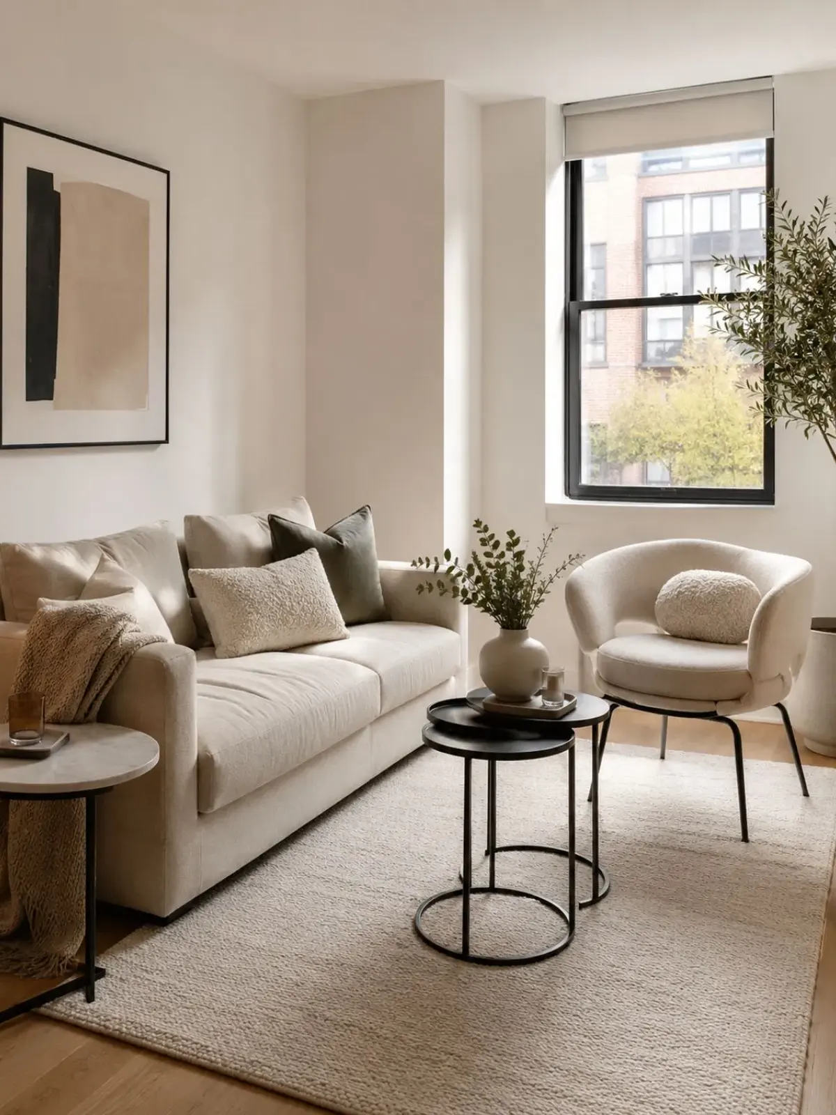 Low-profile oatmeal linen sofa on tapered white oak legs emphasizing open sightlines for modern living room designs