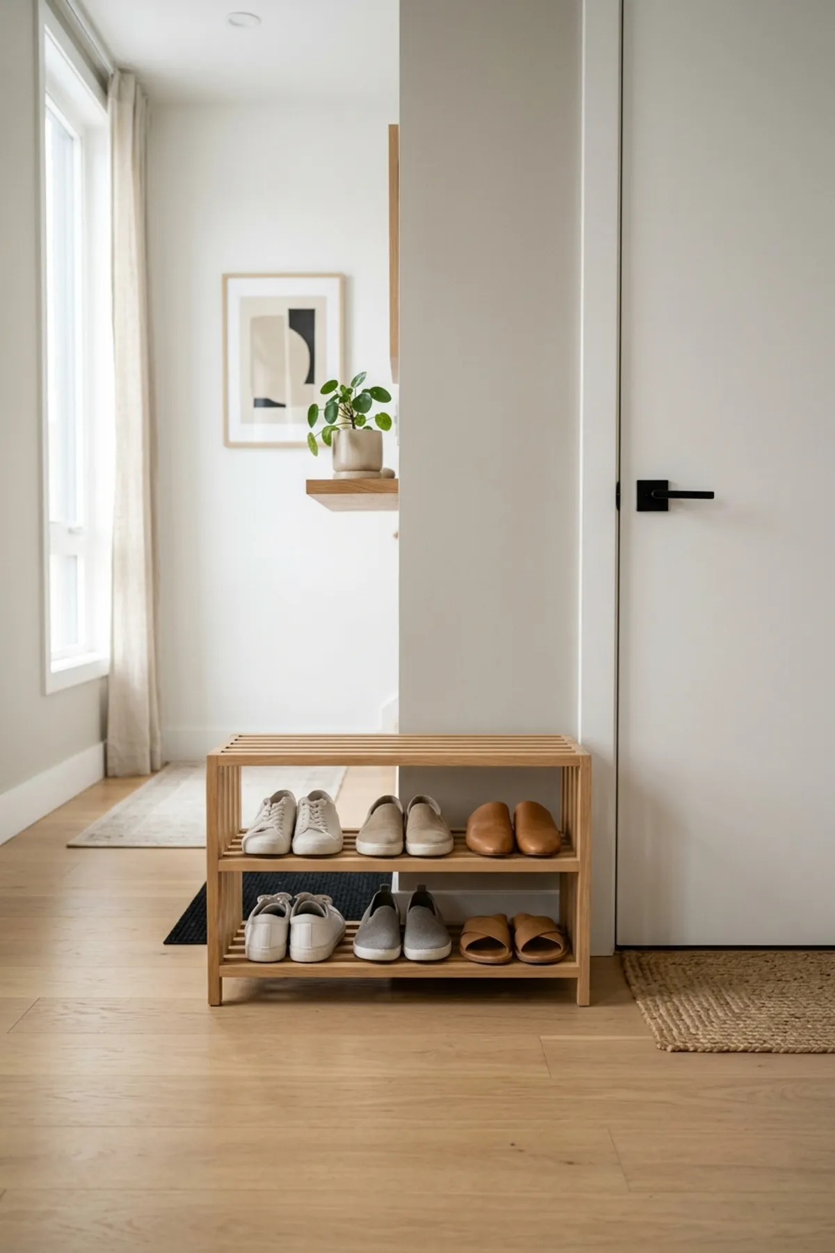 Low two-tier slatted white oak shoe rack keeping floor sightlines open in a small apartment foyer