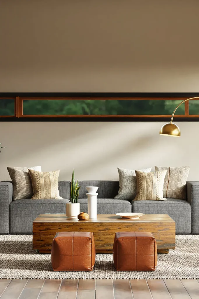 Make Living Room Look Bigger: 21 Best Small Apartment Design Tricks 4 Small apartment living room styled to look bigger with an airy low-profile beige sofa, round coffee table, and large cream rug