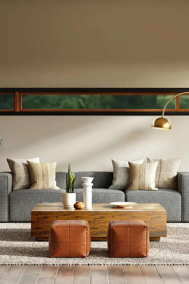 Small apartment living room styled to look bigger with an airy low-profile beige sofa, round coffee table, and large cream rug