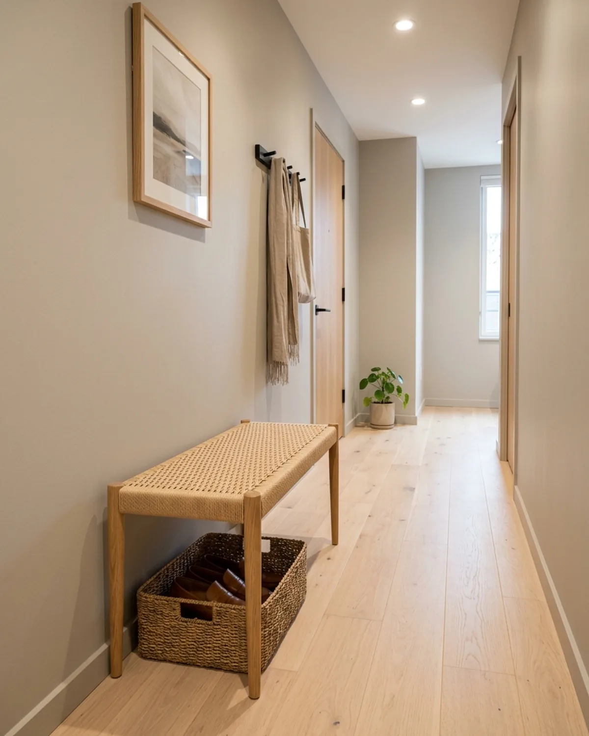 Airy matte black steel and oak entryway bench with a slatted lower shoe rack keeping floor sightlines open