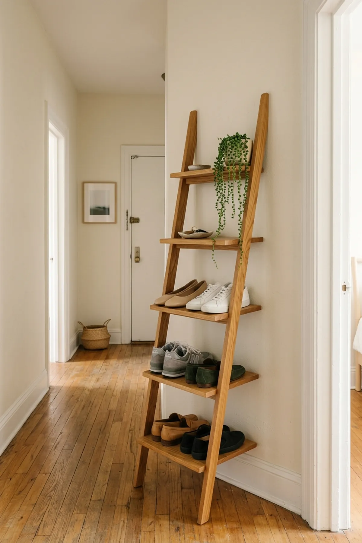 Slim ladder-style honey oak wooden shoe rack with angled shelves in a narrow apartment hallway