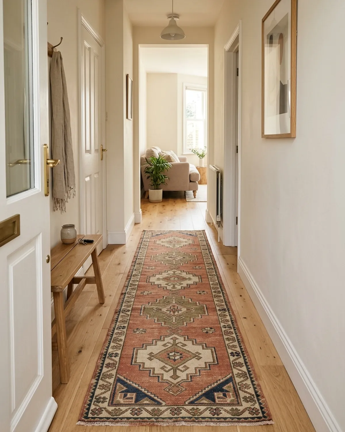 Long low-pile vintage flatweave runner rug drawing the eye down a compact entrance hall with 4-inch bare floor borders