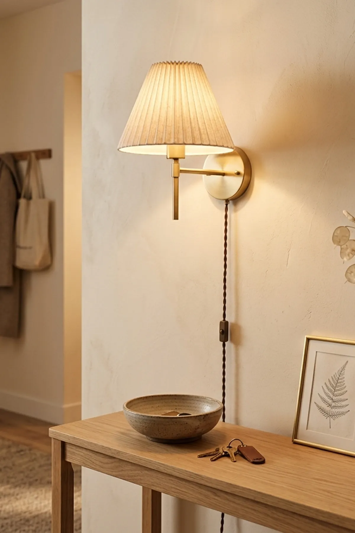 Large arched brass mirror reflecting natural light to make a narrow entryway look wider