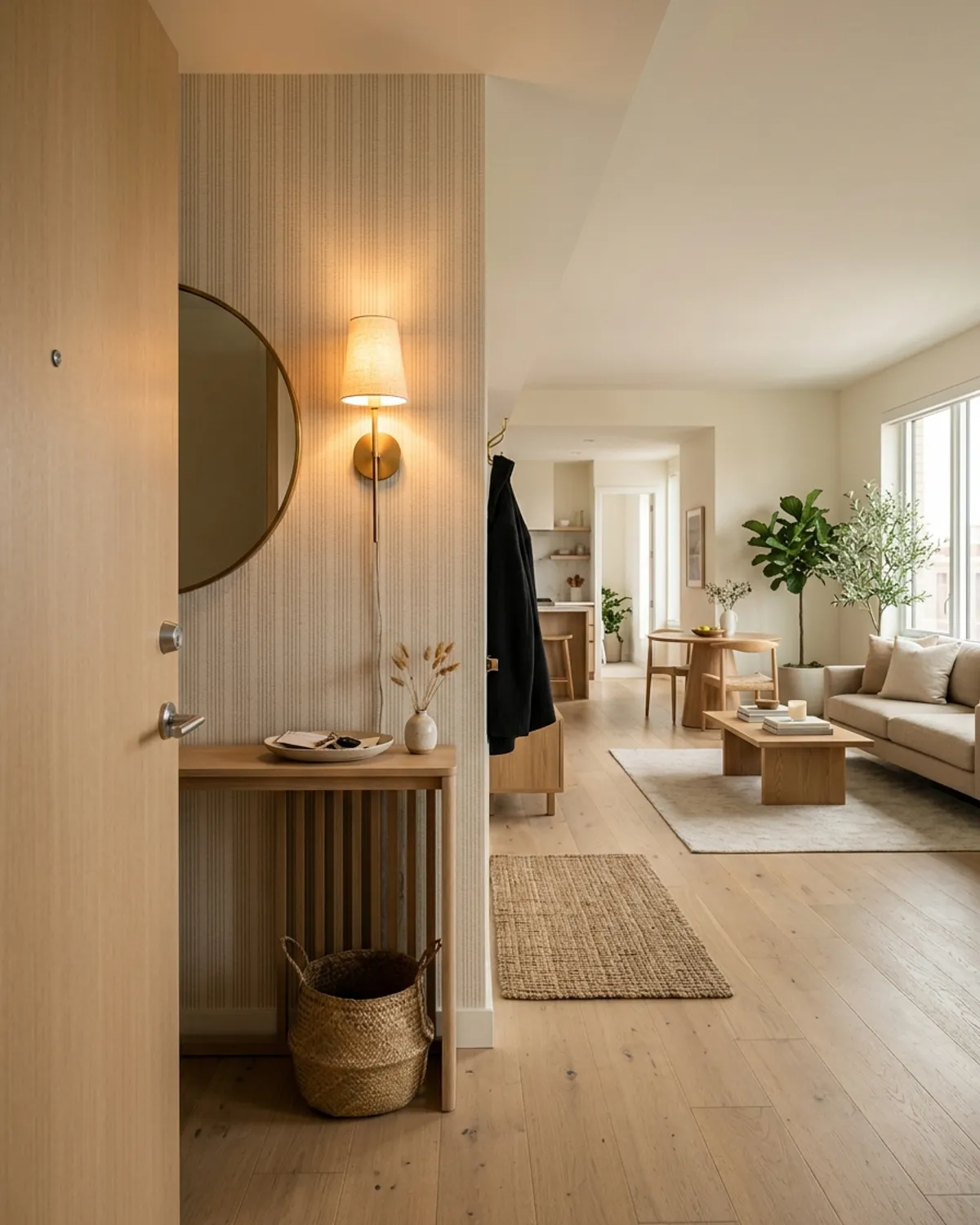 Subtle beige vertical stripe peel-and-stick wallpaper defining a narrow entryway zone in an open-plan studio apartment