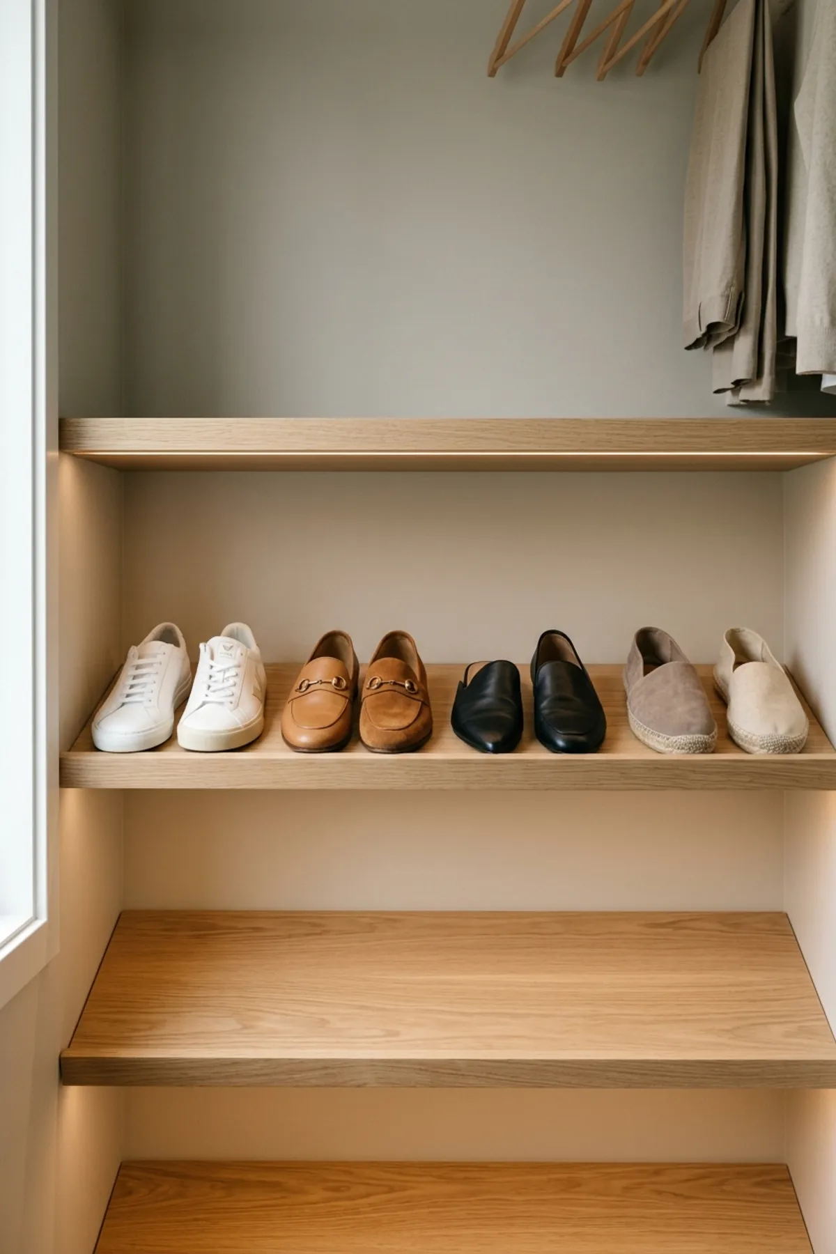 Waist-height closet shelf organized as an everyday shoe grab zone with neutral sneakers, loafers, and leather flats
