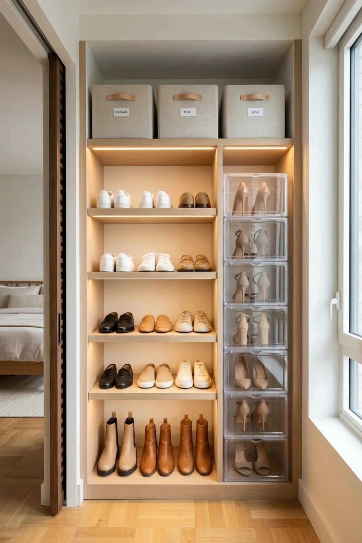 Stackable clear drop-front acrylic shoe boxes protecting suede heels and dress shoes inside a small bedroom closet