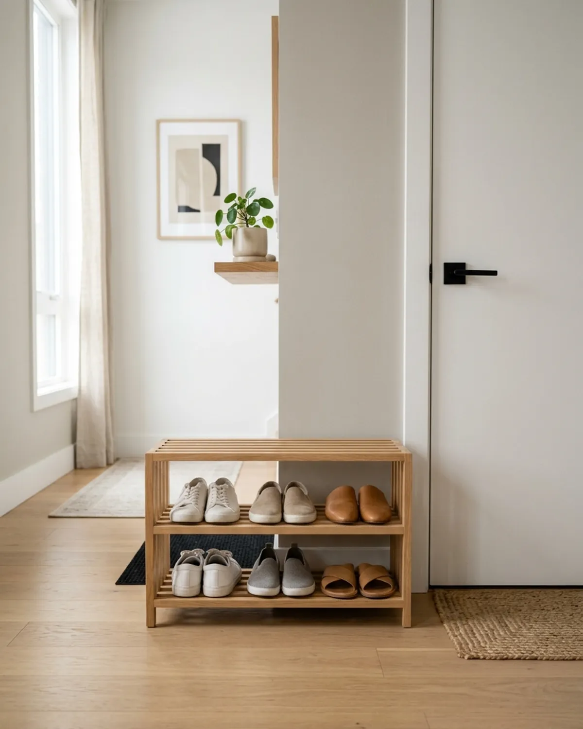 Closet floor organized with a two-tier wooden shoe rack and a washable tray beneath hanging clothes