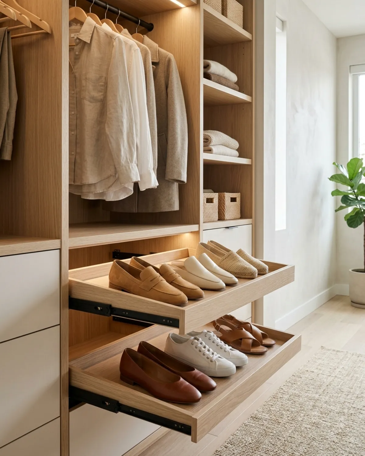 Smooth-gliding pull-out wooden shoe drawer extended from a modern apartment closet to show organized loafers inside