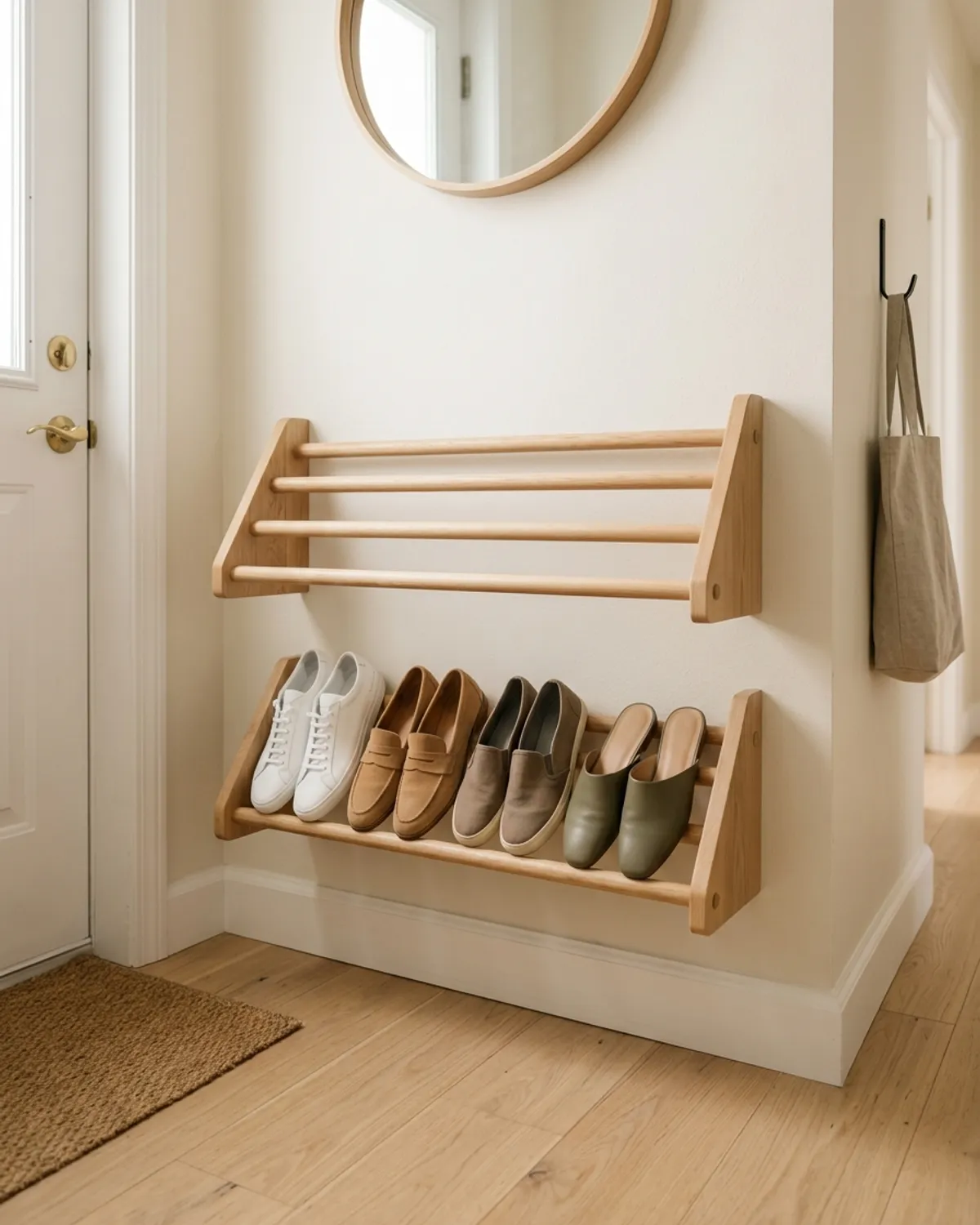Slim structured linen over-the-door shoe organizer holding lightweight sandals and flats on the back of a solid closet door