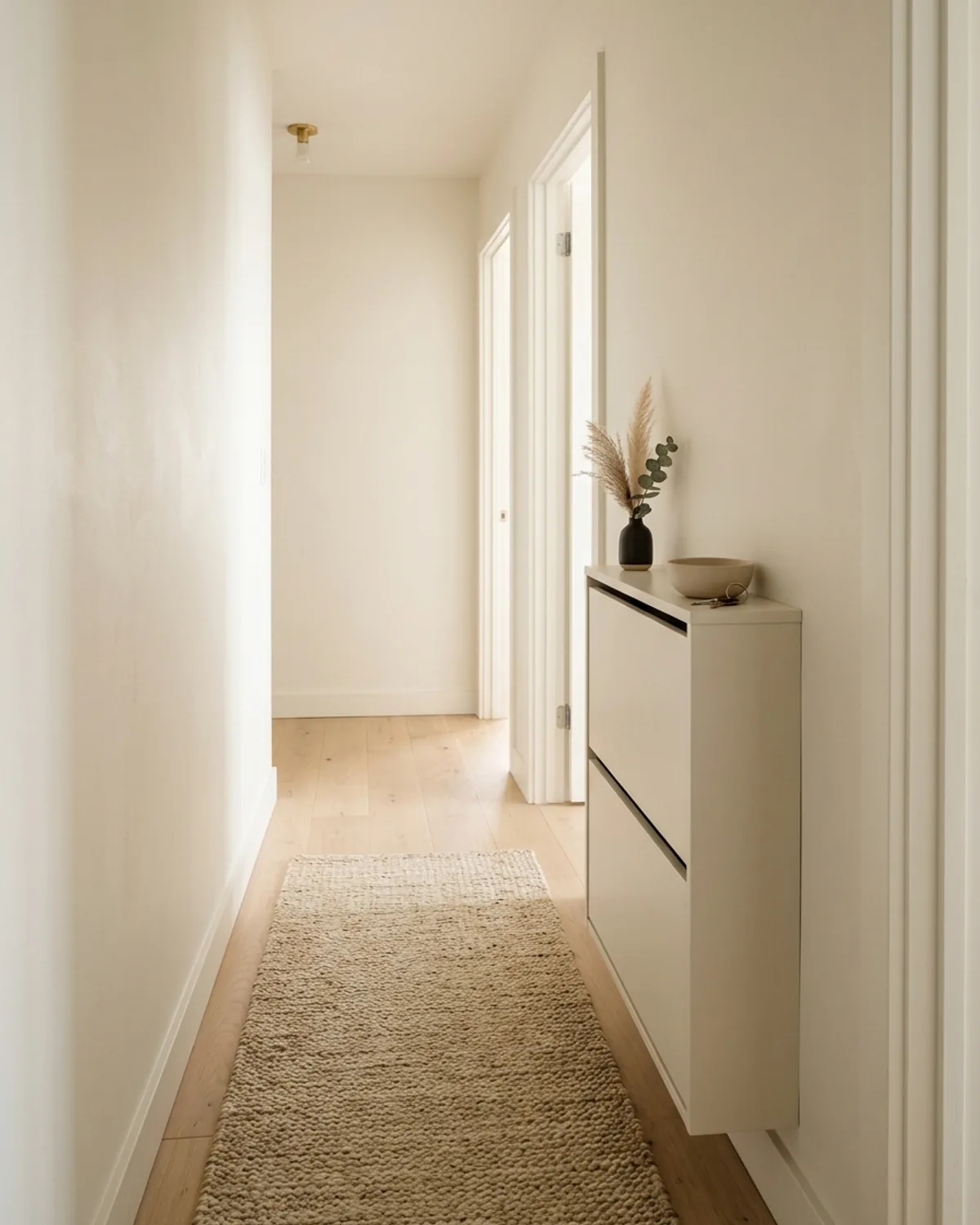 Narrow white oak entryway bench with sliding tambour doors hiding shoe storage in a tight apartment hallway