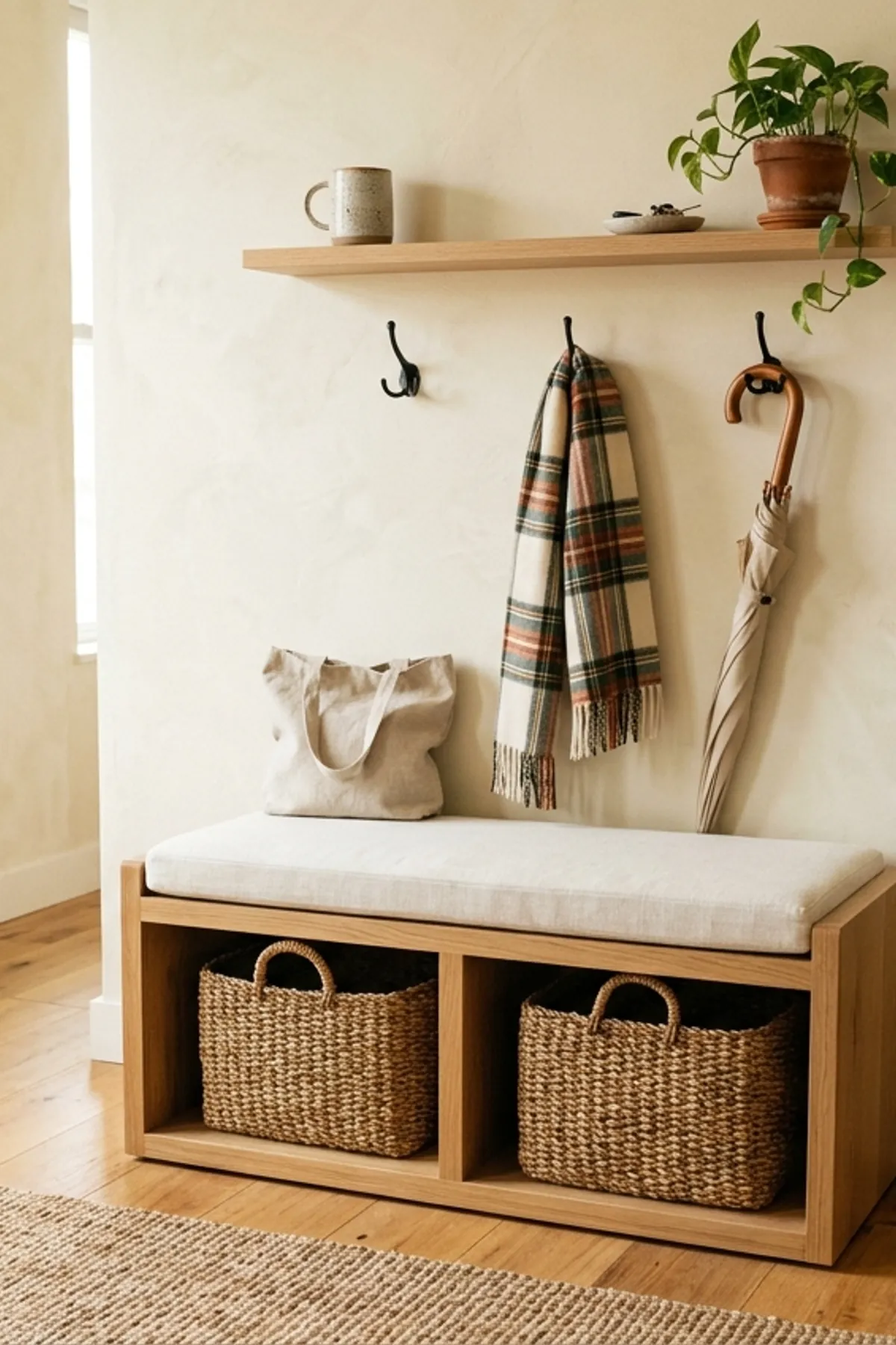 Narrow light oak open-cubby entryway bench organizing everyday sneakers and flats in a small apartment foyer