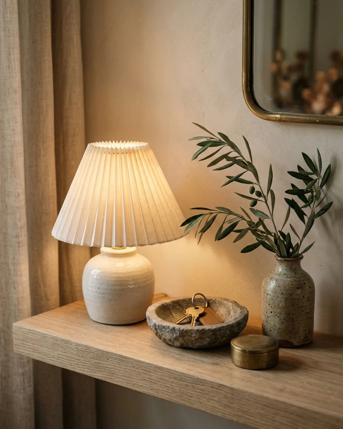 Rechargeable cordless ceramic table lamp casting an inviting 2700K ambient glow in small entrance hall ideas