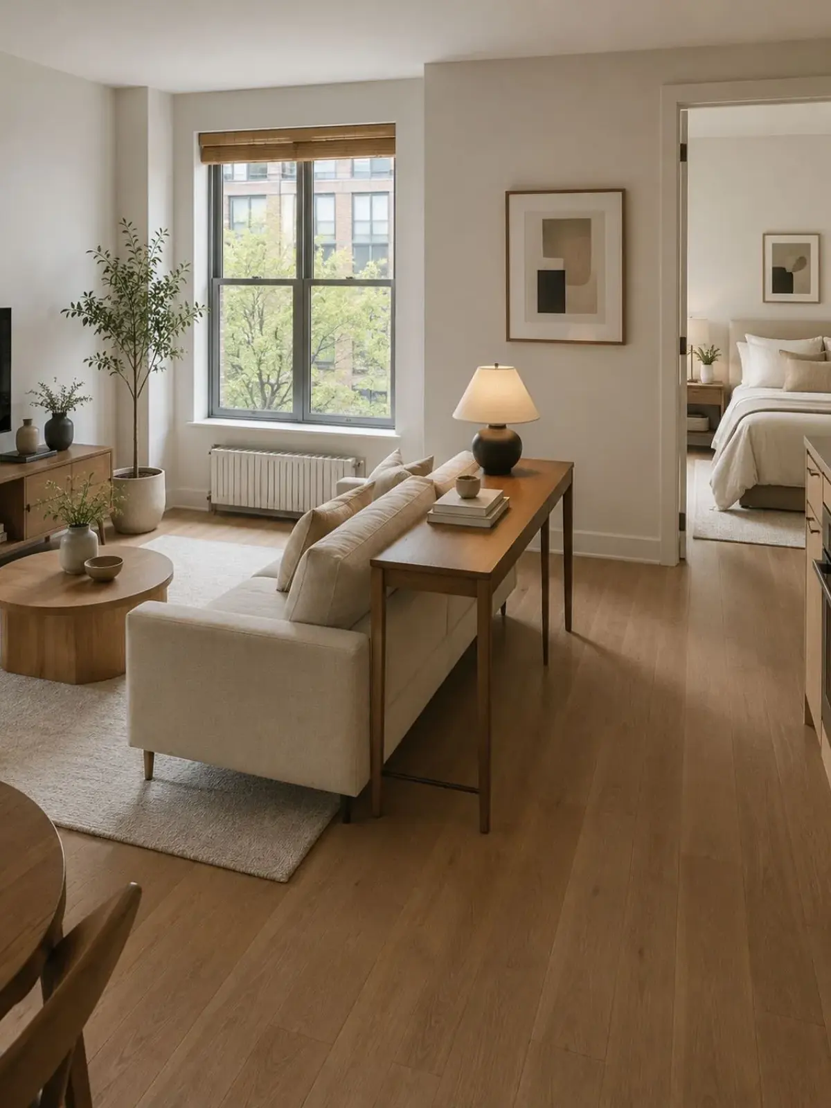 Small living room sofa floated five inches off the wall with a slim wooden console ledge tucked behind it