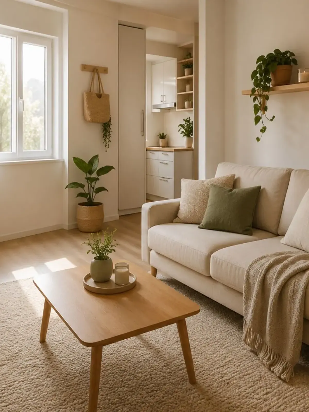 Cozy small apartment living room styled with a low-profile cream sofa, large neutral wool rug, oak nesting coffee tables, high-hung linen curtains, and warm wall sconces