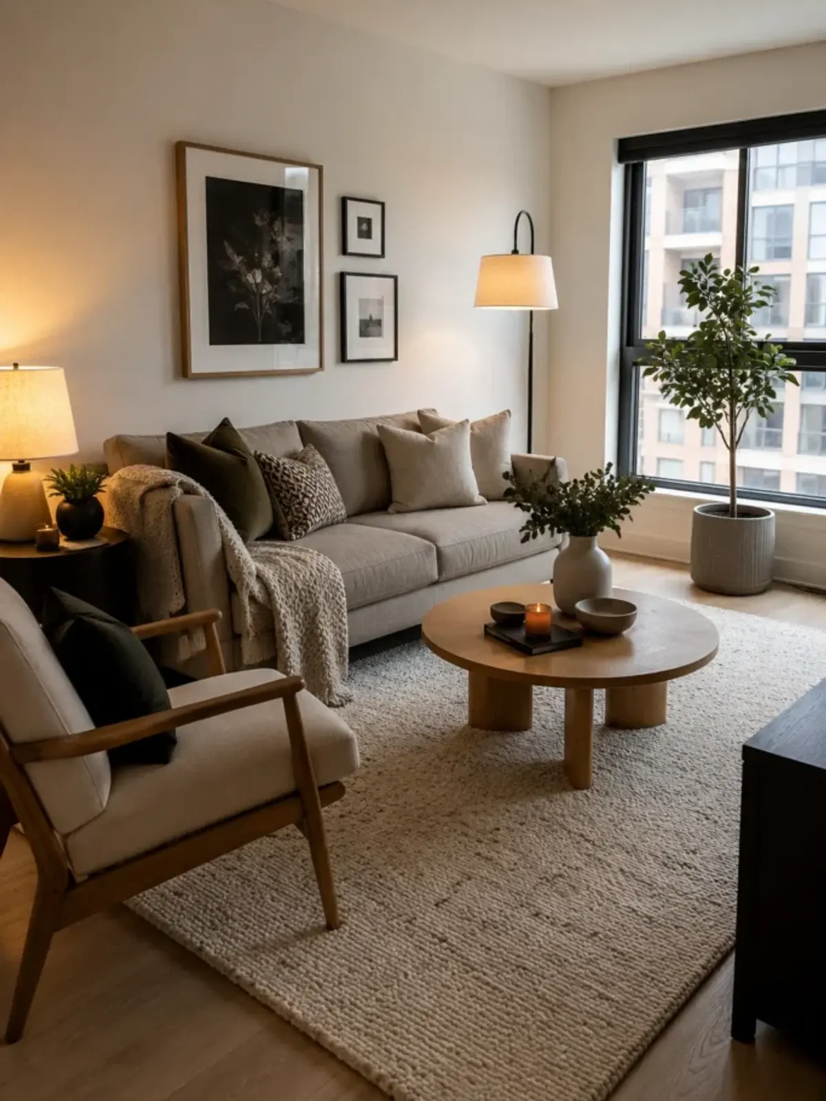 Large 8x10 neutral textured rug anchoring both the sofa and accent chair in a compact apartment living room