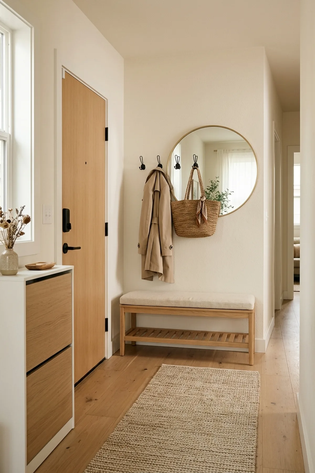 Warm minimalist small space entryway organization featuring slim oak storage bench, tilt-out shoe cabinet, and round brass mirror