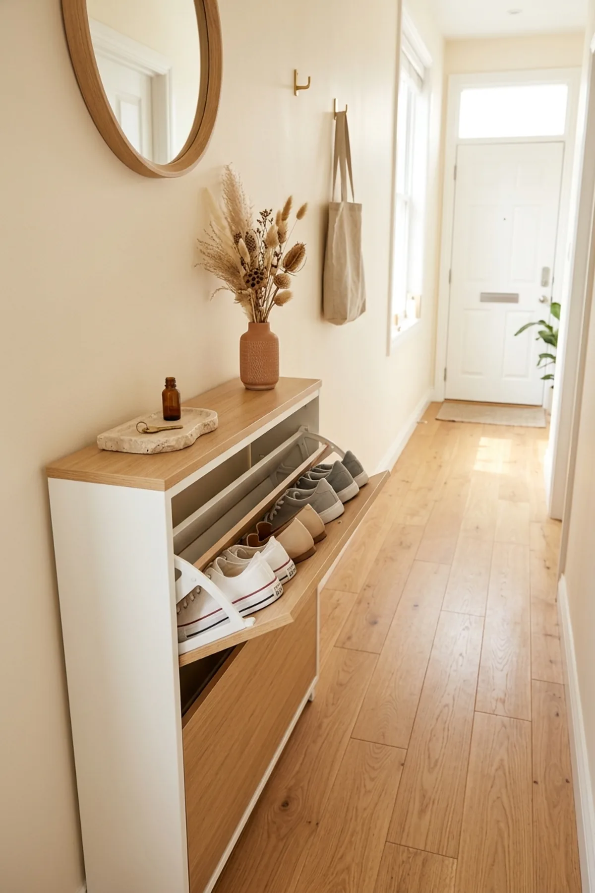 Ultra-slim closed tilt-out shoe cabinet in a narrow apartment hallway maximizing small space entryway organization