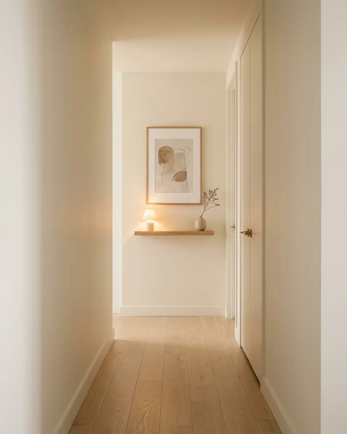 End of a narrow hallway styled with a large minimalist framed print, a shallow floating ledge, and a warm mini lamp