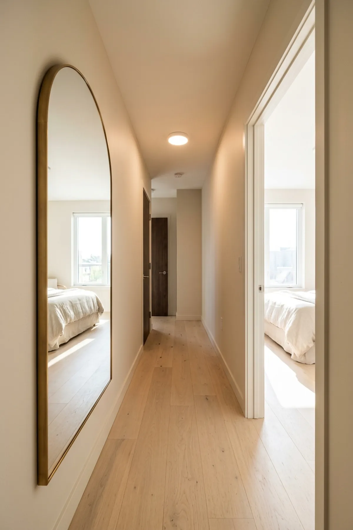 Oversized thin-framed arched mirror reflecting daylight across a tiny apartment hallway