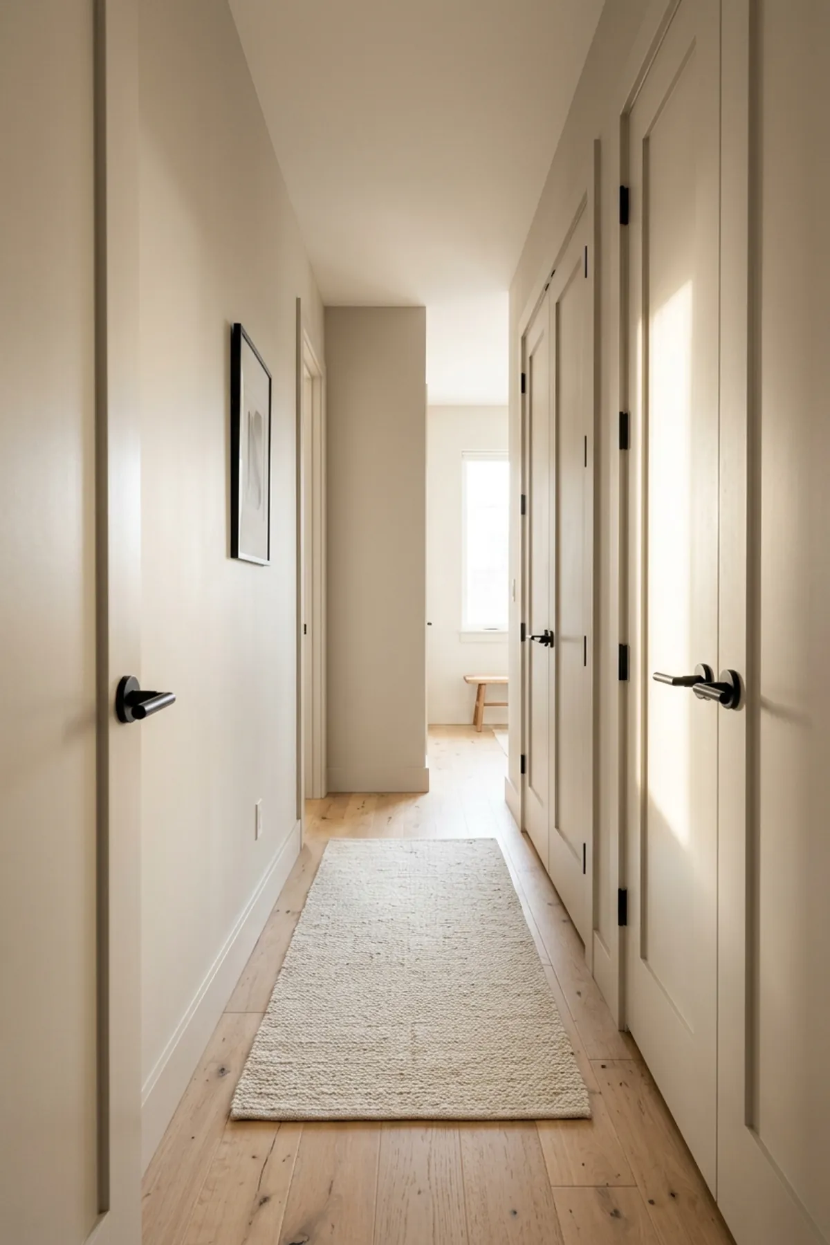 Narrow apartment hallway painted in a soft tone-on-tone warm greige across walls, baseboards, and door trim