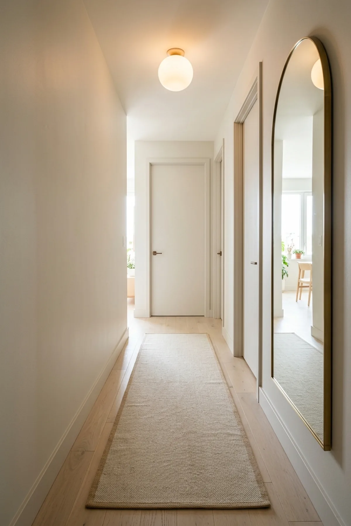Narrow apartment hallway styled with warm tone-on-tone greige walls, an oversized arched mirror, a bordered flatweave runner, and a flush globe ceiling light