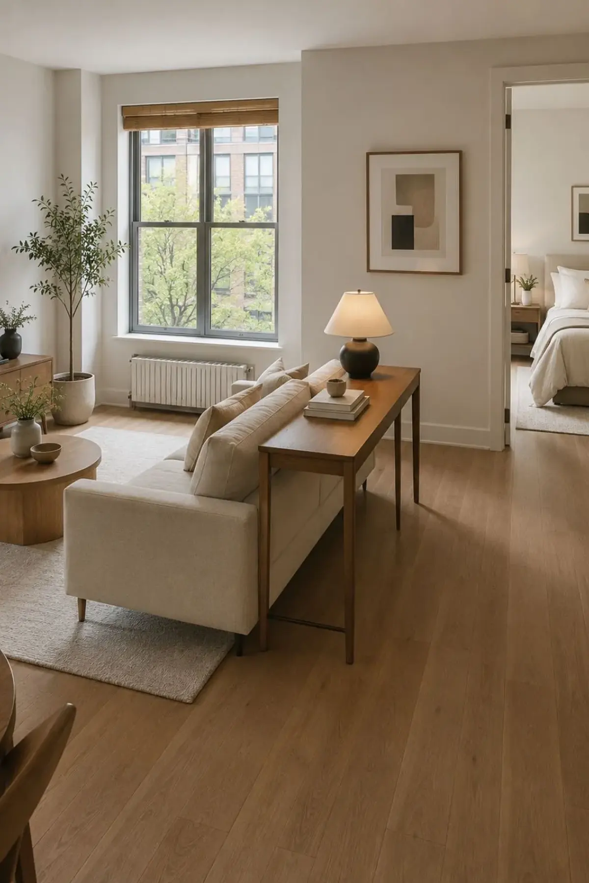 Small living room layout with the sofa floated four inches off the window wall to let floor-length curtains hang cleanly