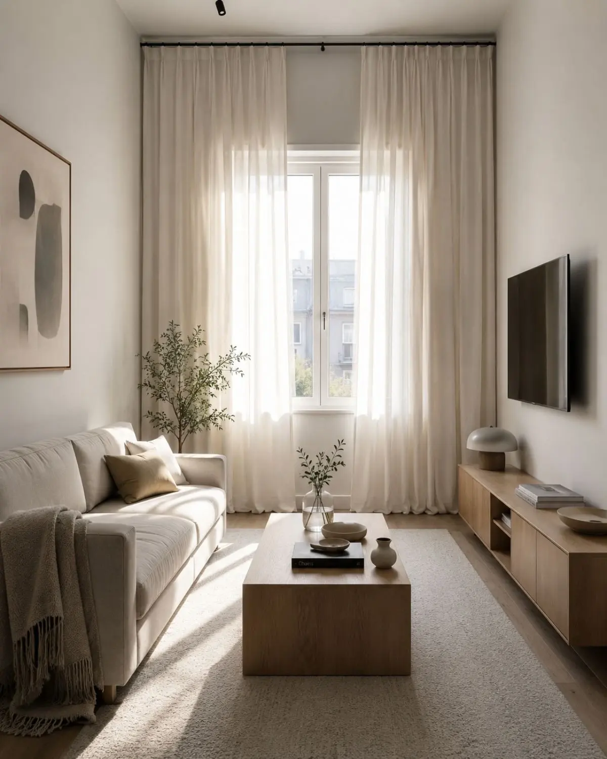 Full-length ivory linen curtains mounted near the ceiling and wider than the window frame in a tiny living room