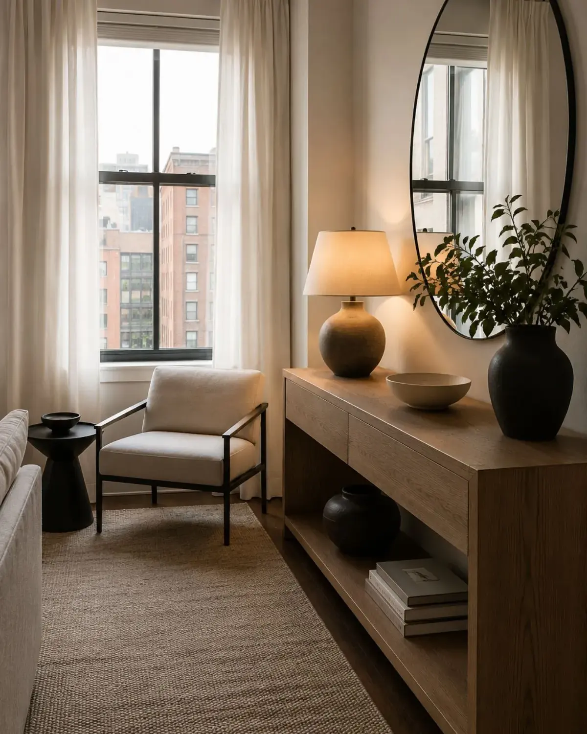 One large 6x9 light-toned area rug sitting underneath the front legs of both the sofa and accent chair in a tiny living room