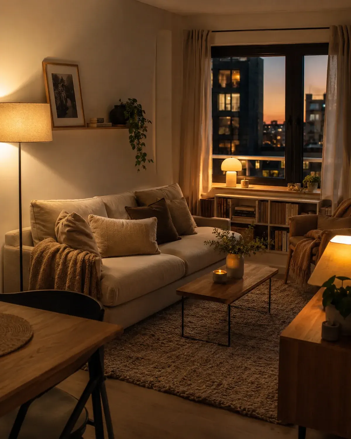 Tiny living room at dusk glowing with layered 2700K lighting from a floor lamp, plug-in wall sconce, and mini table lamp