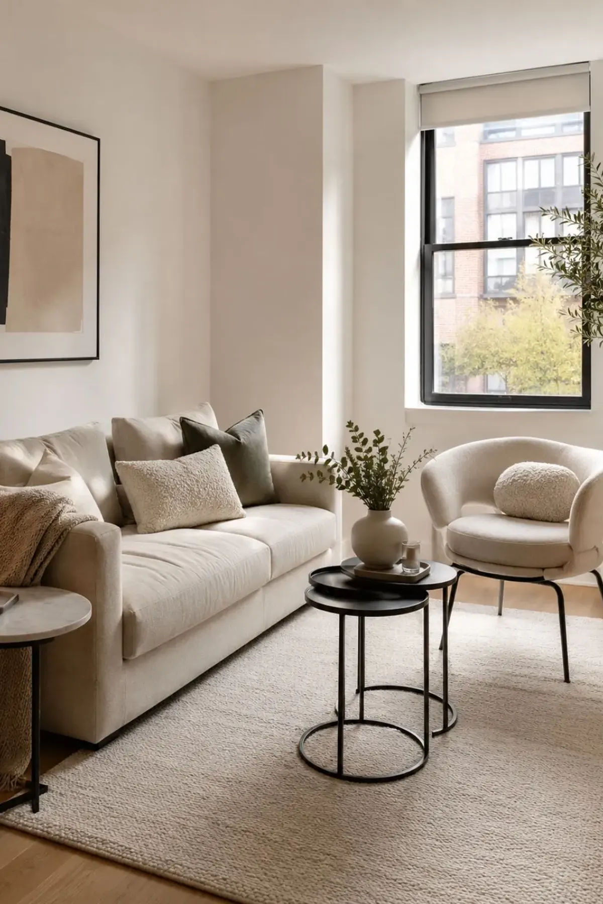 Compact apartment living room featuring a 74-inch low-profile sofa with slim track arms and exposed wooden legs