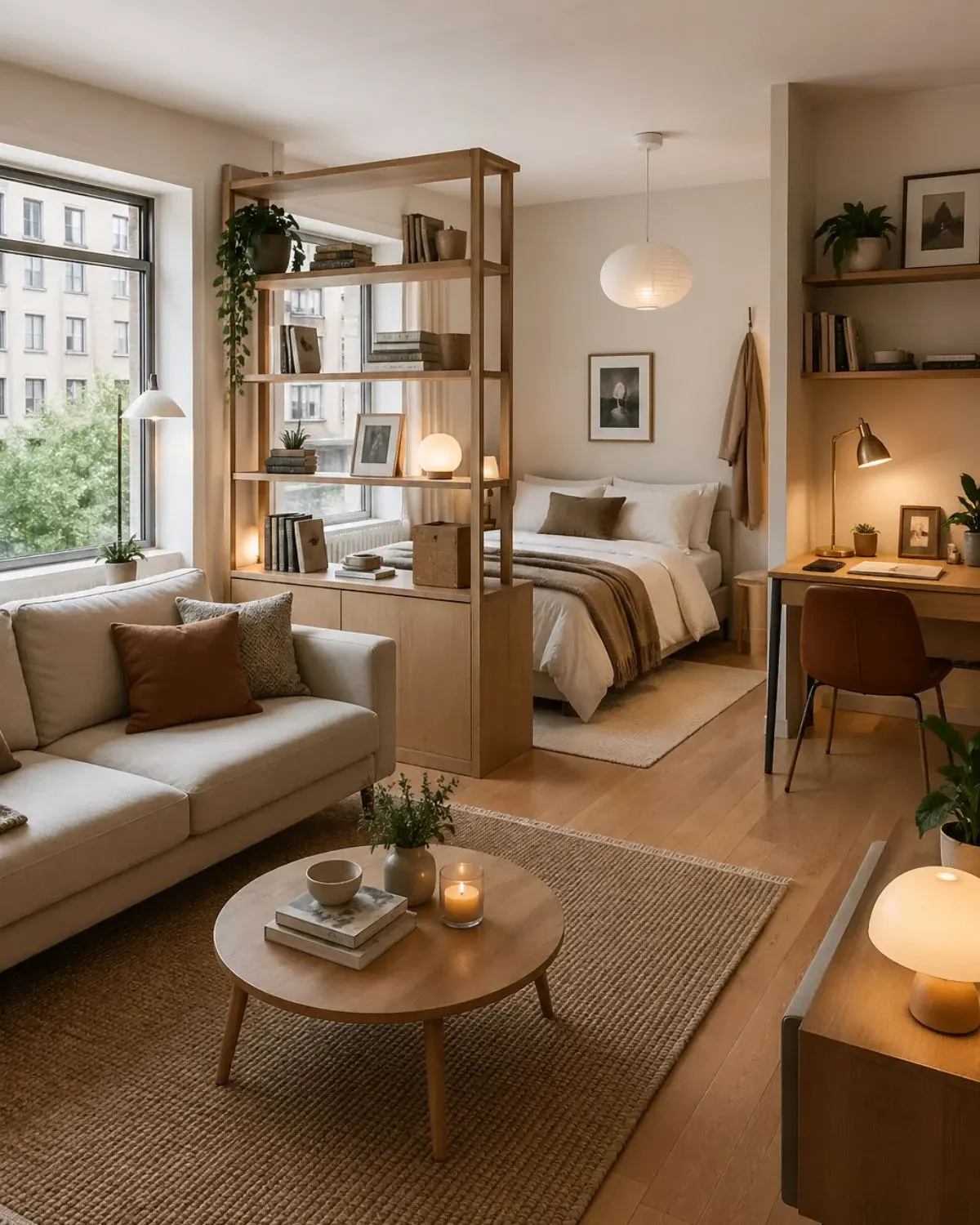 Tiny studio apartment living room zone separated from the dining area by a floated sofa, slim console table, and area rug