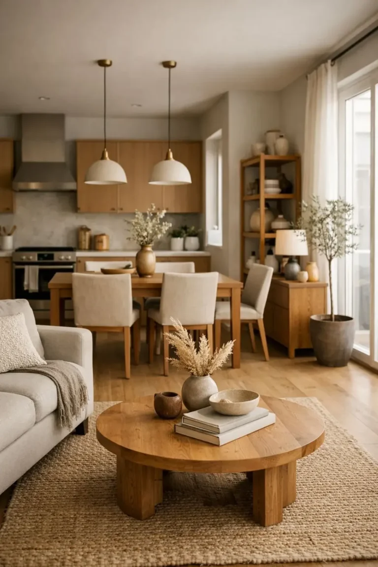 Bright tiny apartment living room styled with a low-profile cream sofa, large neutral rug, round oak coffee table, high-hung linen curtains, and an oversized mirror reflecting daylight