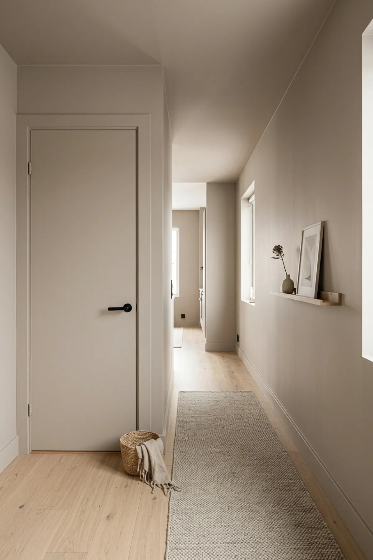 Cohesive warm greige walls, trim, and baseboards in small entrance hall ideas creating seamless architectural continuity