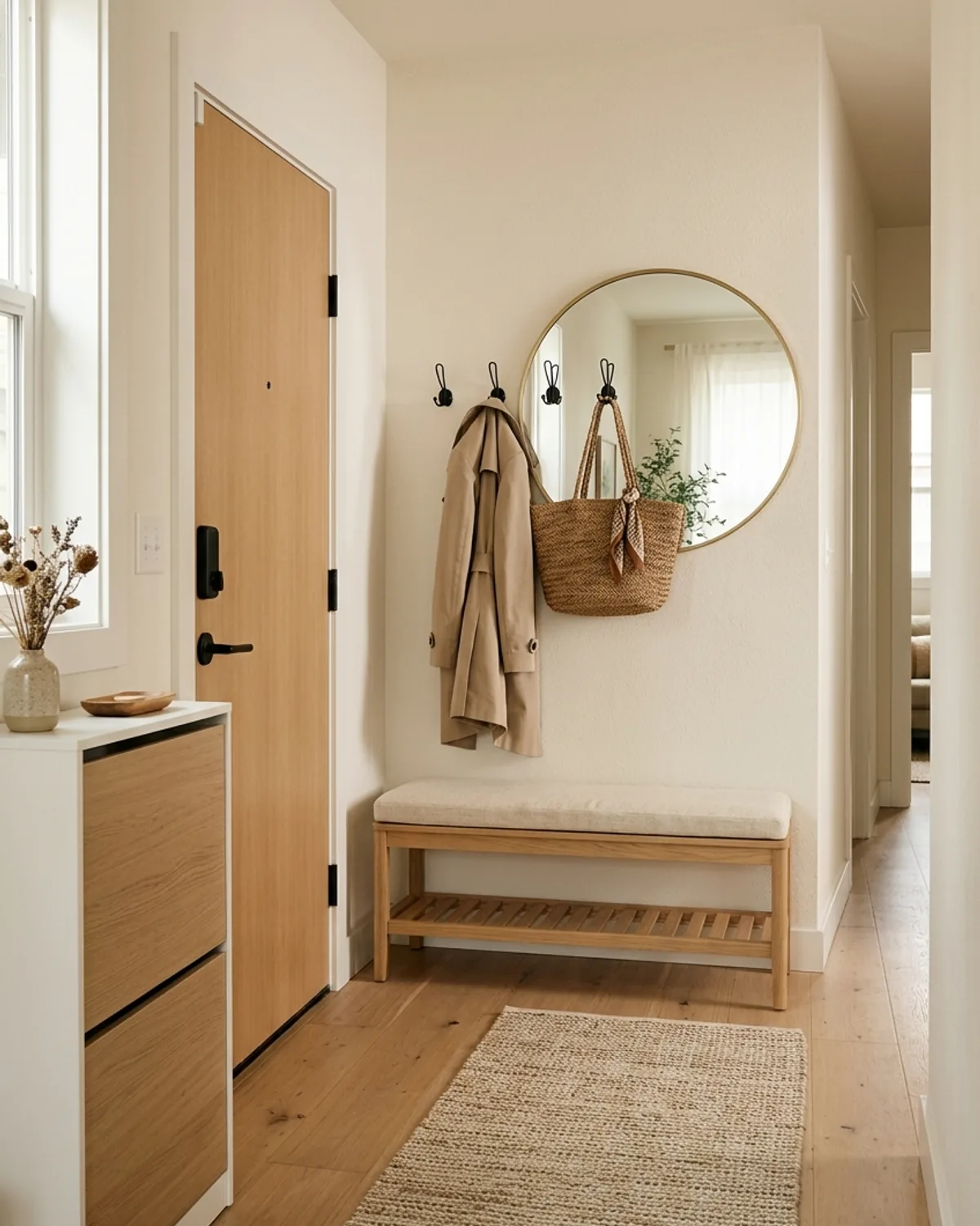Oatmeal bouclé upholstered entryway bench with two lower wooden pull-out drawers for hidden shoe storage